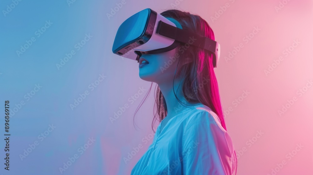 Woman Experiencing Virtual Reality in Neon Light Woman Experiencing Virtual Reality in Neon Light