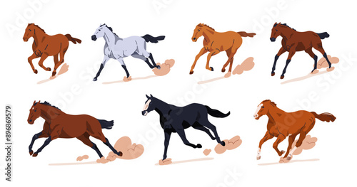 Galloping horses in motion. Thoroughbred stallions racing, running at fast speed. Free wild equine breeds, steeds in action, movement. Flat vector illustrations set isolated on white background
