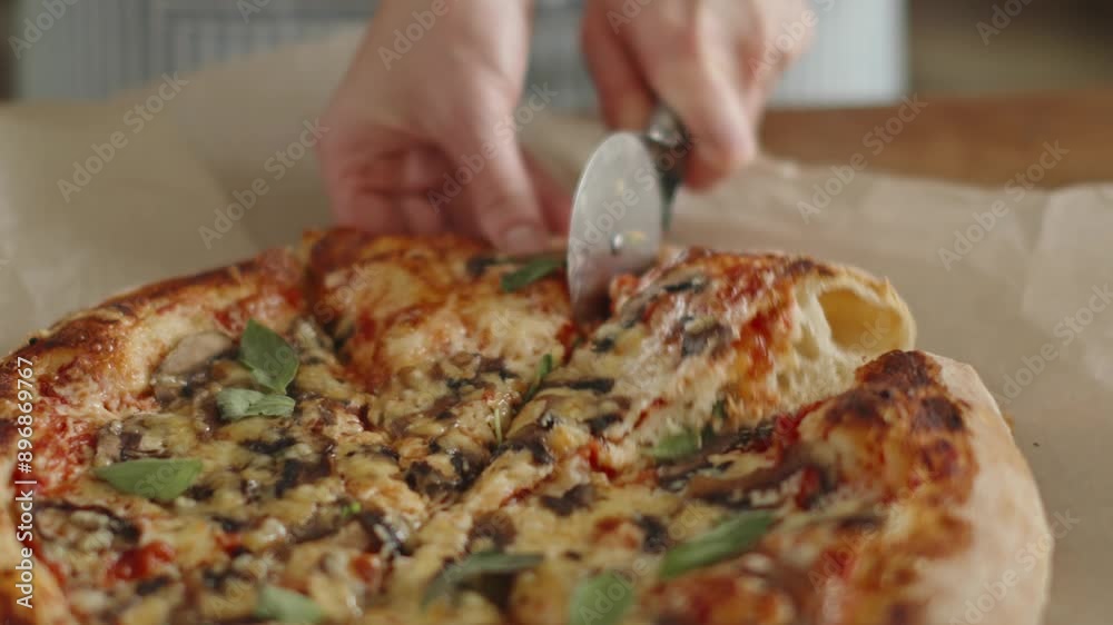 The chef at the pizzeria cuts mushroom Italian pizza into pieces with a round knife. The chef at the pizzeria cuts mushroom Italian pizza into pieces with a round knife.