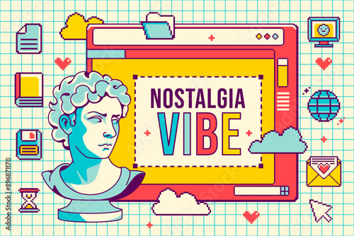 Fun retro desktop screen with copy space. Classical statue bust with a colorful digital interface surrounded by digital computer icons on a grid background. Nostalgia pixel art frame for message