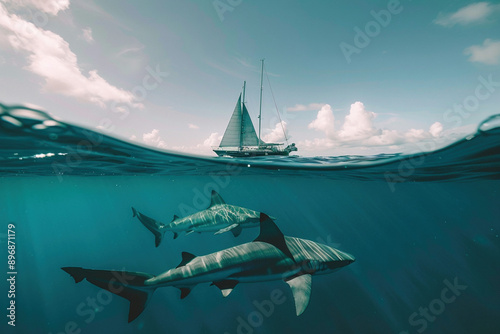 Natural habitat, dangerous and power of marine life under the deep blue sea marine life conept. Shark swims near a sailboat, showcasing the power of the ocean's predator  photo