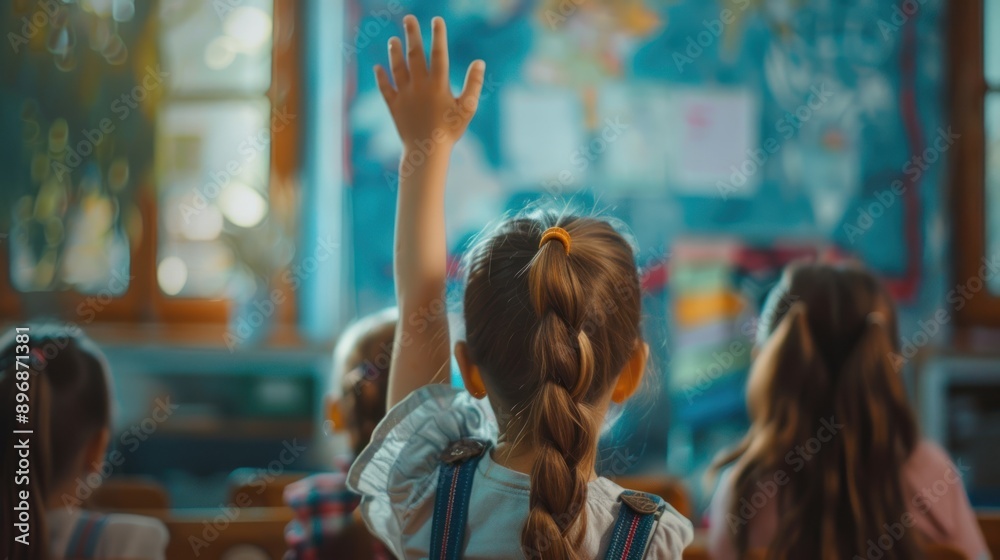 little girl raises one hand in school class little girl raises one hand in school class