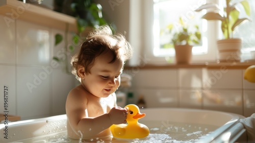 Happy baby playing with rubber duck in a sunlit bathroom photo