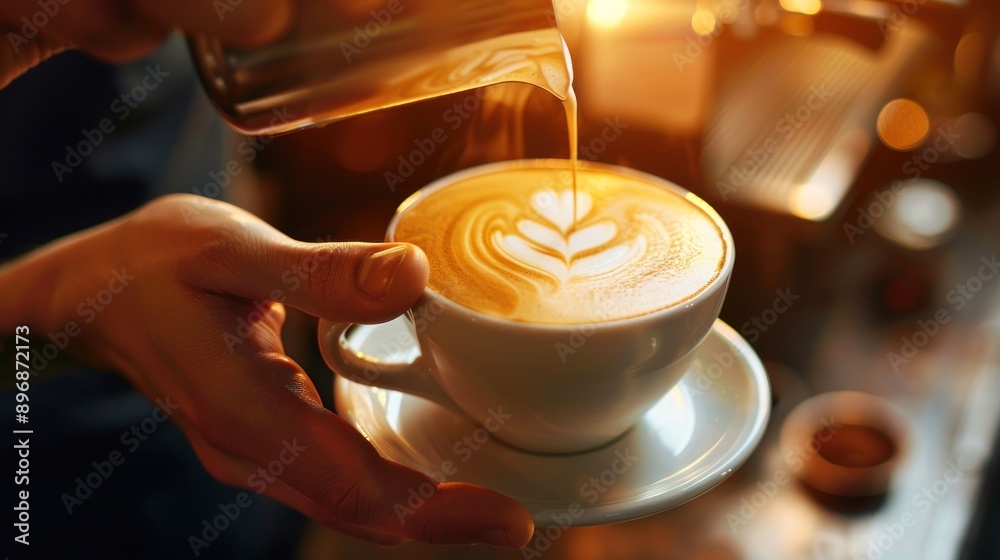 Barista at the cafe is making a cup of coffee in the shape of a heart Barista at the cafe is making a cup of coffee in the shape of a heart