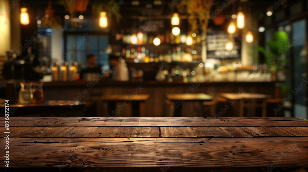 Empty wooden table top with a blurred bar background for product display Empty wooden table top with a blurred bar background for product display