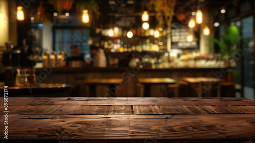 Empty wooden table top with a blurred bar background for product display