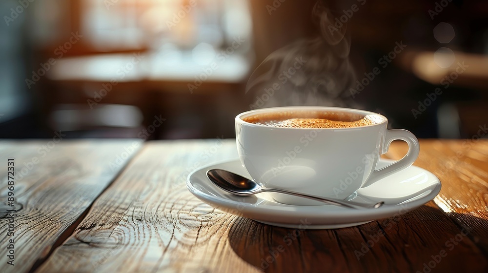 Steaming Hot Coffee in White Cup on Wooden Table with Sunlight in Cozy Cafe Steaming Hot Coffee in White Cup on Wooden Table with Sunlight in Cozy Cafe