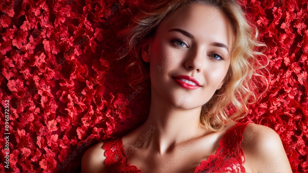 Woman red lace teddy playful and flirty vibrant backdrop high energy feel happy Woman red lace teddy playful and flirty vibrant backdrop high energy feel happy