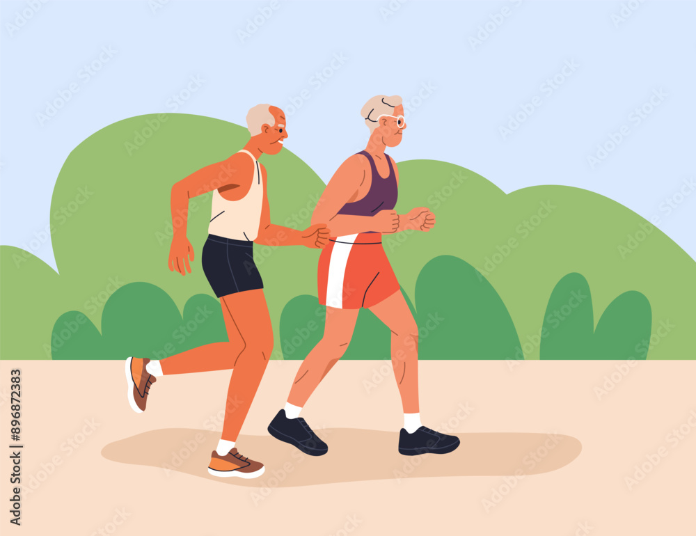 Senior people jogging, running in park. Elderly couple, outdoor training and cardio exercise. Active joggers, runners, old husband and wife, spouse, workout in nature. Flat vector illustration Senior people jogging, running in park. Elderly couple, outdoor training and cardio exercise. Active joggers, runners, old husband and wife, spouse, workout in nature. Flat vector illustration