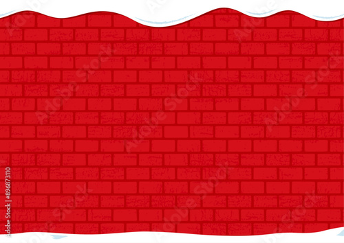 雪が積もったレンガの壁の冬っぽい背景イラスト　クリスマス　赤