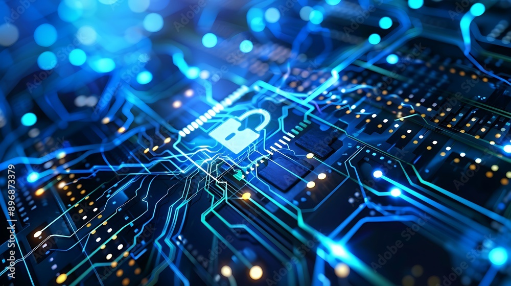 Secure Digital Lock Symbolizing Cybersecurity on a High-Tech Circuit Board Background Secure Digital Lock Symbolizing Cybersecurity on a High-Tech Circuit Board Background