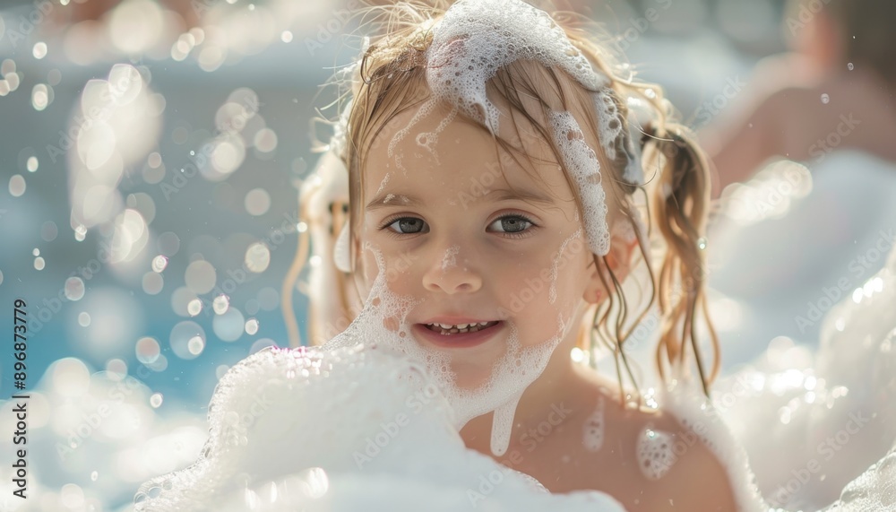 Young Girl Playing In A Bubble Bath On A Sunny Day
