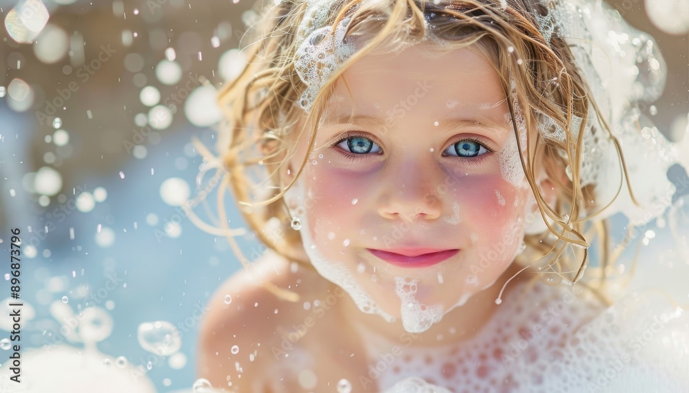 Young Girl Covered in Soap Bubbles During a Summer Day Young Girl Covered in Soap Bubbles During a Summer Day