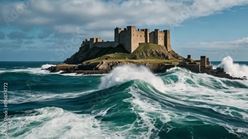 A cliffside fortress with towering spires, perched above a turbulent ocean with waves crashing against the rocks photo