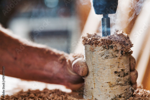 Carpenter drilling hole in birchwood using drill press in worksh photo