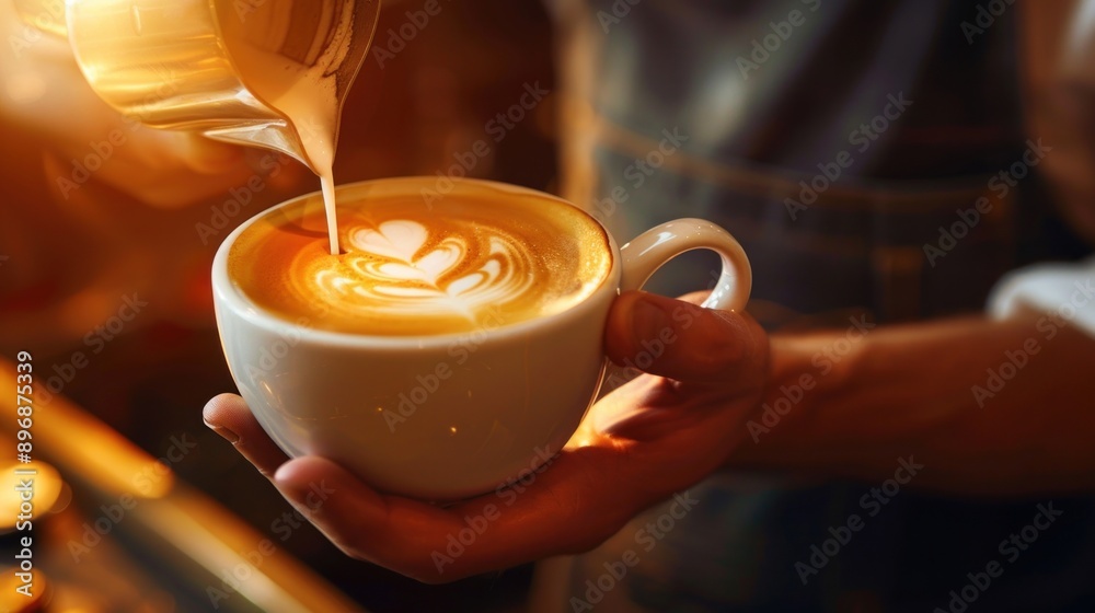Barista at the cafe is making a cup of coffee in the shape of a heart Barista at the cafe is making a cup of coffee in the shape of a heart