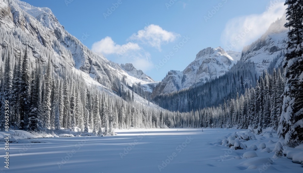 Snow-Covered Mountain Valley With Frozen Lake and Pine Trees on a Sunny Winter Day Snow-Covered Mountain Valley With Frozen Lake and Pine Trees on a Sunny Winter Day