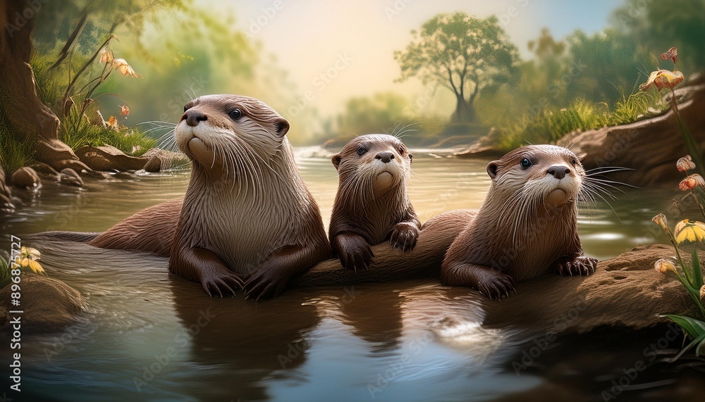 Fototapeta premium a family of otters playing on a riverbank