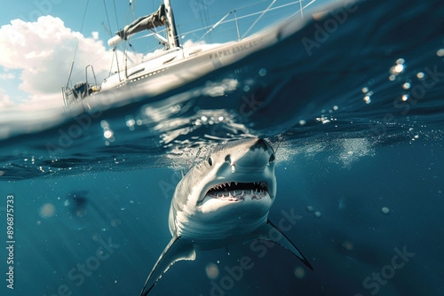 Natural habitat, dangerous and power of marine life under the deep blue sea marine life conept. Shark swims near a sailboat, showcasing the power of the ocean's predator  photo