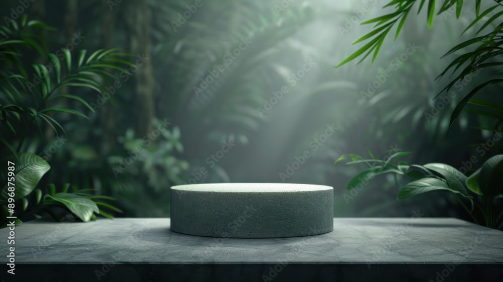 Empty stone podium in a lush, green rainforest with dramatic sunlight. Ideal for showcasing products or nature-themed designs. Empty stone podium in a lush, green rainforest with dramatic sunlight. Ideal for showcasing products or nature-themed designs.
