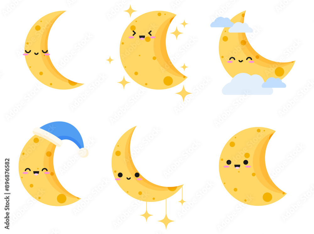 Crescent moon cartoon character collection clipart illustration sticker Crescent moon cartoon character collection clipart illustration sticker