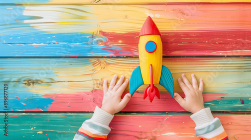 A little girl's hands holding a colorful wooden rocket, set against a bright, colorful wooden background in a flat lay photograph.