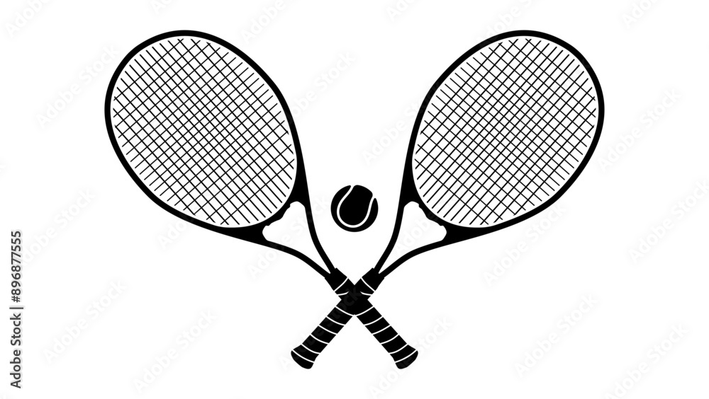 Crossed tennis rackets, black isolated silhouette Crossed tennis rackets, black isolated silhouette