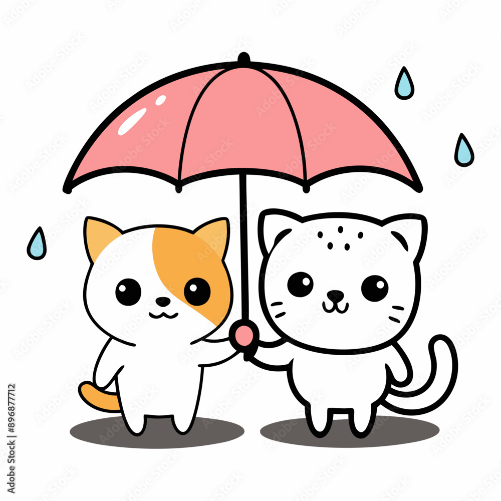 A cute and whimsical illustration of a kawaii puppy and kitten happily sharing a vibrant umbrella, embracing the rain A cute and whimsical illustration of a kawaii puppy and kitten happily sharing a vibrant umbrella, embracing the rain