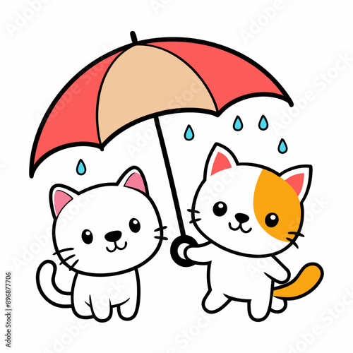 A cute and whimsical illustration of a kawaii puppy and kitten happily sharing a vibrant umbrella, embracing the rain