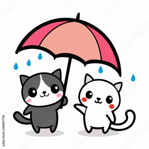 A cute and whimsical illustration of a kawaii puppy and kitten happily sharing a vibrant umbrella, embracing the rain
