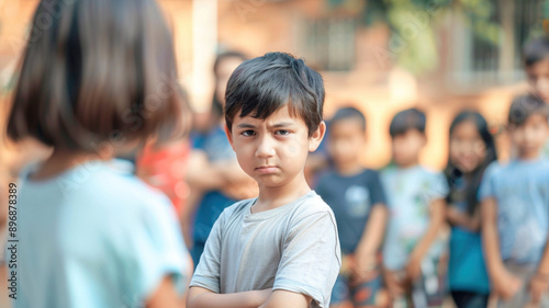 Classmates bullying a child. Crying African-American schoolboy boy stands in the center of the crowd. Bullying outcast problems of not being accepted in a school environment