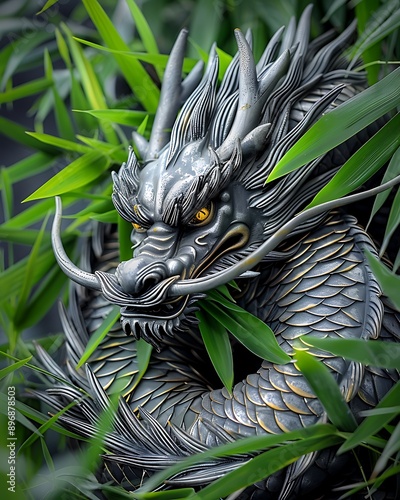 Semi close-up of a majestic Chinese dragon statue intertwined with lush green bamboo, captured with  lens, more clarity with clear light and sharp focus, high detailed photo