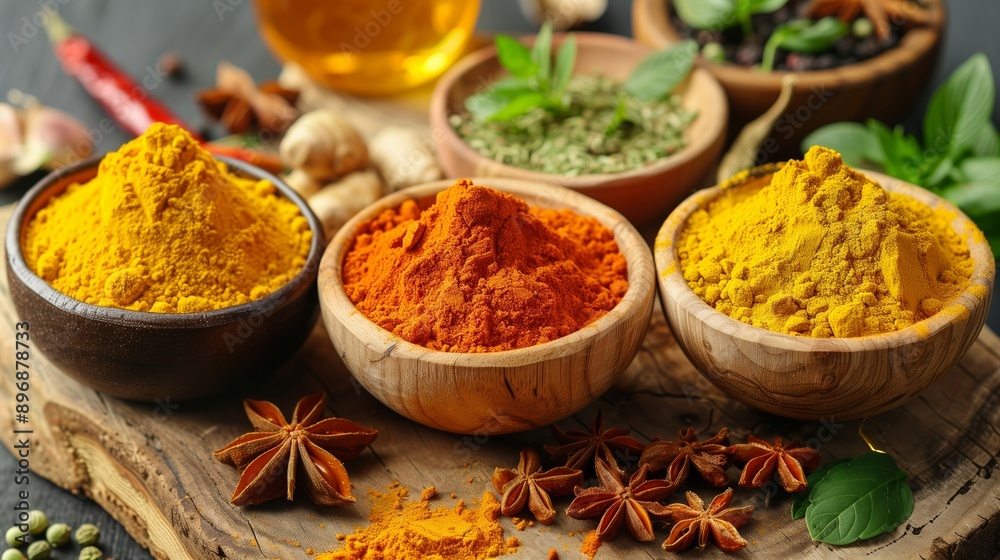 a vibrant assortment of spices displayed in wooden bowls. a vibrant assortment of spices displayed in wooden bowls.