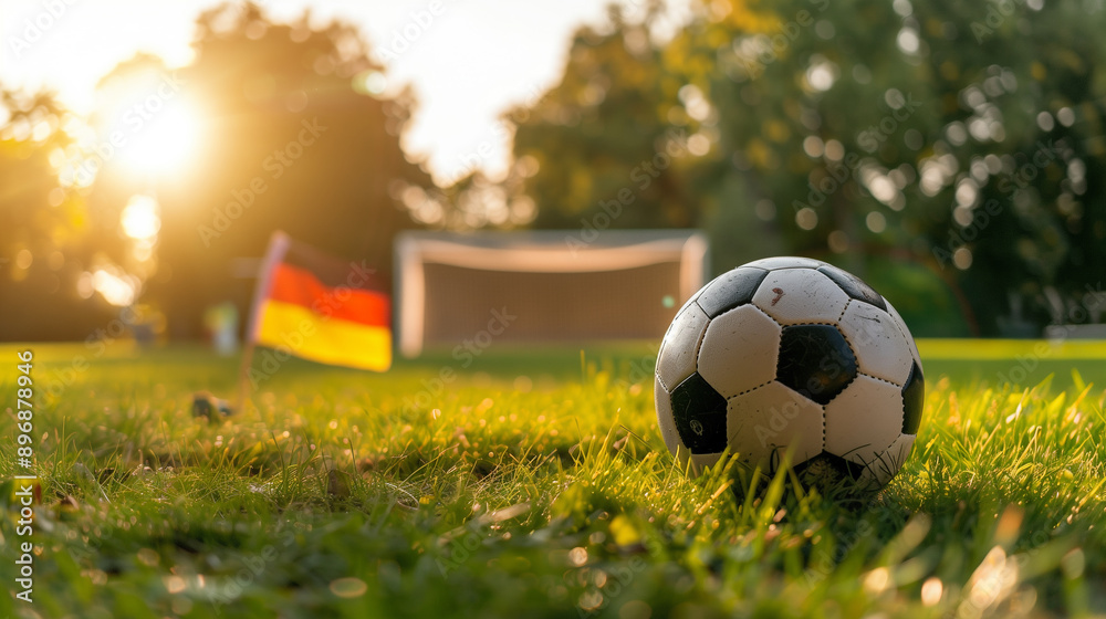 Fototapeta premium Soccer Ball on Grass Field with German Flag and Goal in Background