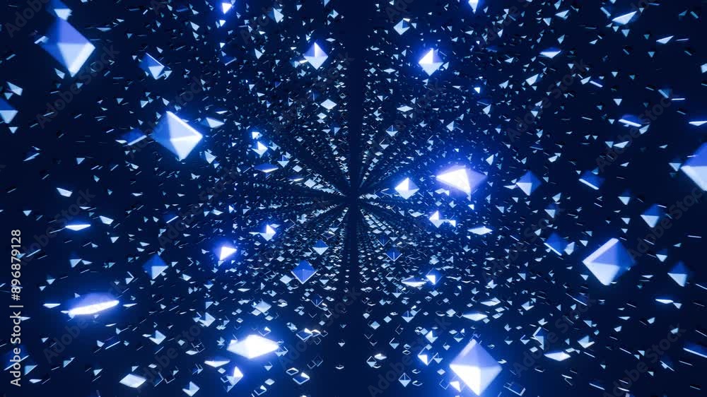 A dark blue background with a 3D tunnel made up of countless blue glowing cubes, moving in a random pattern.