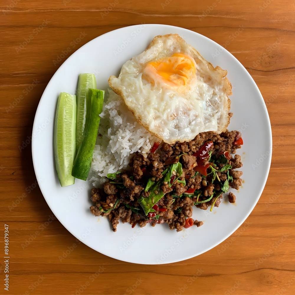 Stir-fried pork with holy basil and fried egg top view. Local thai food on wood table background. Stir-fried pork with holy basil and fried egg top view. Local thai food on wood table background.