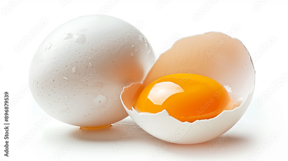 Fresh Whole and Cracked Eggs with Yolk on White Background.. Fresh Whole and Cracked Eggs with Yolk on White Background..