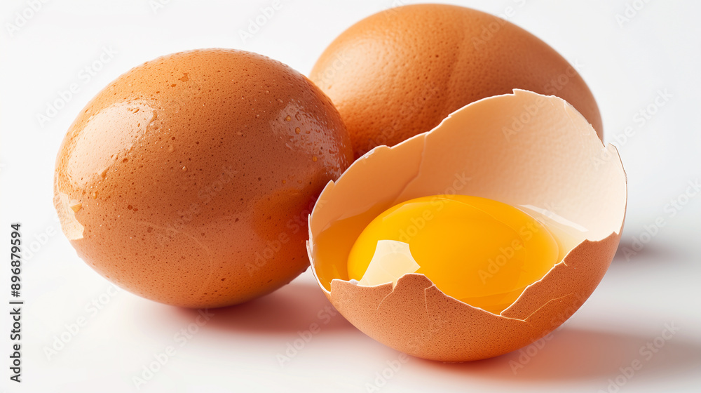 Fresh Whole and Cracked Eggs with Yolk on White Background.. Fresh Whole and Cracked Eggs with Yolk on White Background..