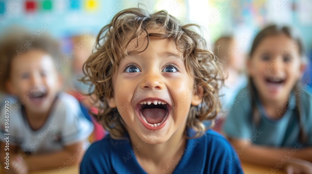 Happy Little Boy Laughing with Friends in a Classroom Happy Little Boy Laughing with Friends in a Classroom