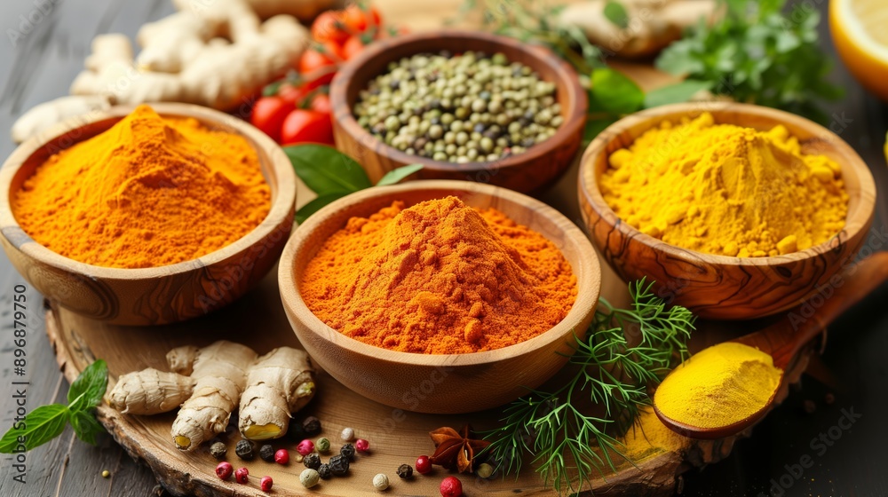 a vibrant assortment of spices displayed in wooden bowls. a vibrant assortment of spices displayed in wooden bowls.