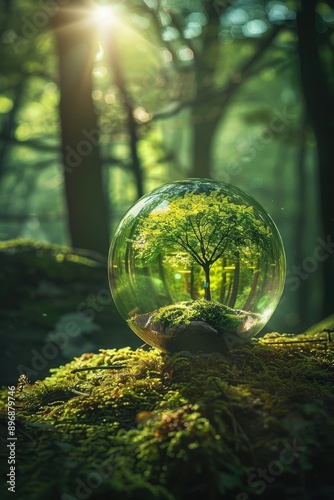 Enchanting Forest Scene with Tree Inside Glass Sphere Illuminated by Sunlight