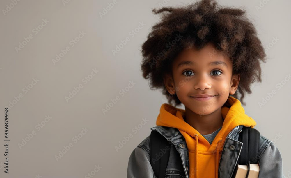 African American boy with a backpack on his back on a light background, created with Generative AI technology. African American boy with a backpack on his back on a light background, created with Generative AI technology.
