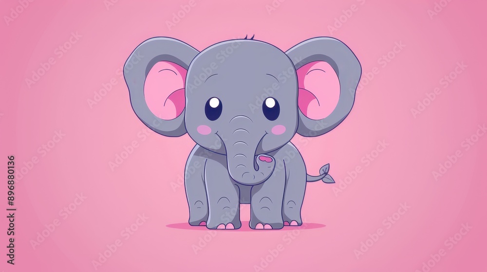 Fototapeta premium Adorable Cartoon Elephant with Big Eyes and Pink Ears on a Pink Background