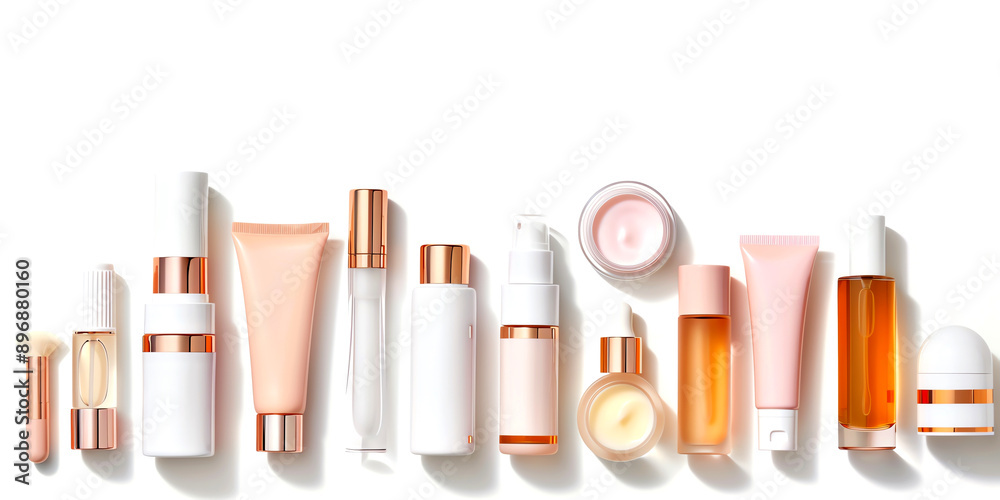 Aesthetic arrangement of various beauty products with elegant rose gold accents. Perfect for cosmetic and skincare promotions. Aesthetic arrangement of various beauty products with elegant rose gold accents. Perfect for cosmetic and skincare promotions.