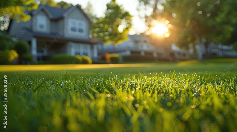 Obraz premium Multiple homes with freshly mowed lawns, showcasing a well-maintained neighborhood and community pride in lawn care.