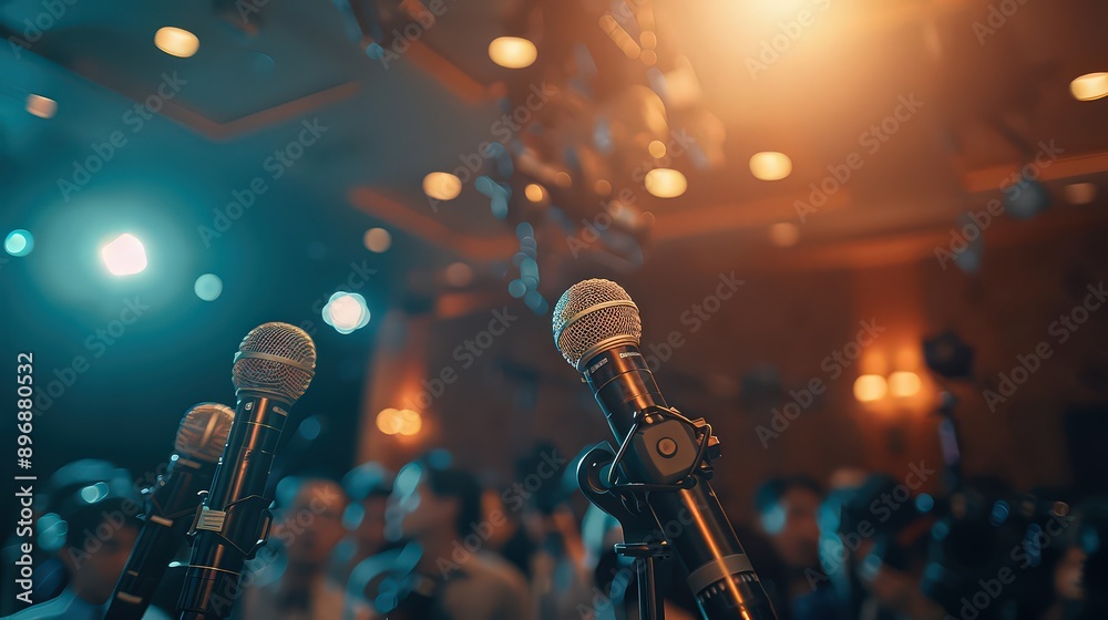 Multiple microphones from different media outlets set up on a podium, ready for a press conference. Multiple microphones from different media outlets set up on a podium, ready for a press conference.