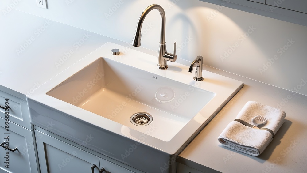 A white farmhouse sink with a chrome faucet, complemented by a bright and clean kitchen setup. A white farmhouse sink with a chrome faucet, complemented by a bright and clean kitchen setup.