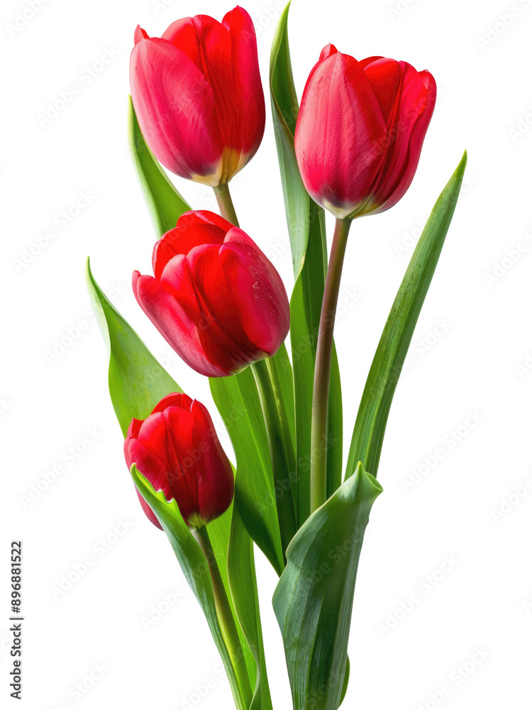 A bouquet of red tulips with green leaves A bouquet of red tulips with green leaves