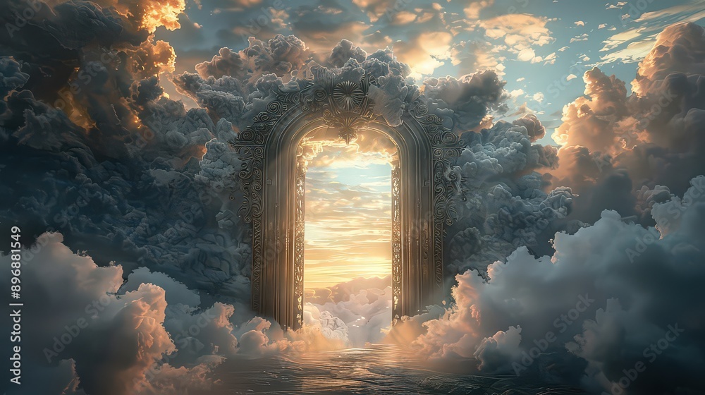 Fototapeta premium ornate gate or door opening into a realm of clouds, suggesting a passage to another world.