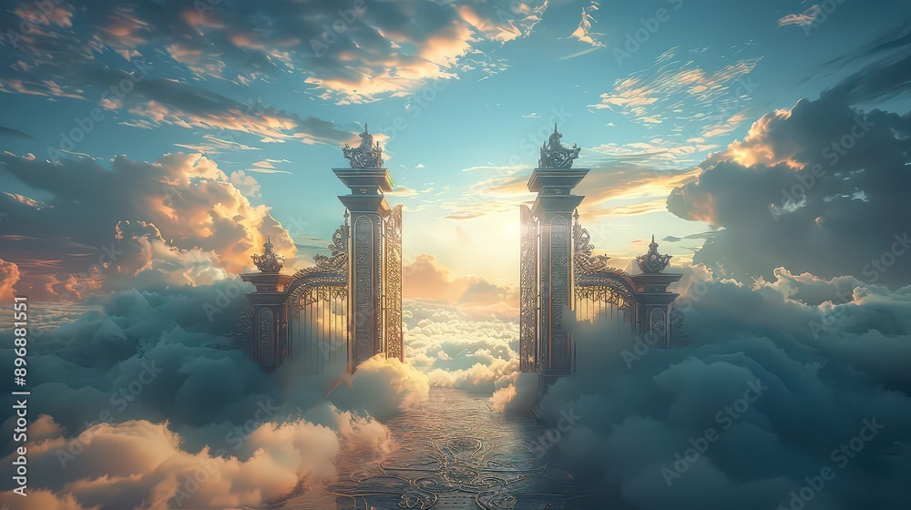 Fototapeta premium breathtaking image of a heavenly gateway above the clouds, bathed in a radiant sunrise. The majestic gates, adorned with intricate designs, open to a path leading into the ethereal sky, creating a sen